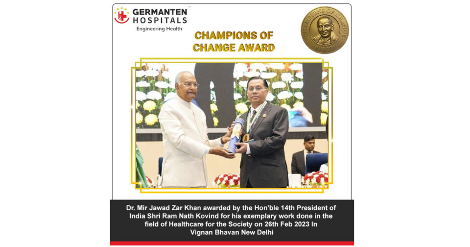 Dr. Mir Jawad Zar Khan awarded by the Hon'ble 14th President of India Shri Ram Nath Kovind for his exemplary work done in the field of healthcare for the society on 26th Feb 2023